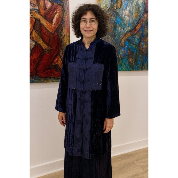 Lolette Jacket Dress Set Sz M Navy Mandarin Collar Tunic Velvet Patchwork Artsy - Picture 1 of 14